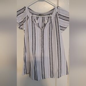 Sharagano Linen Blue & White Pinstripe Flutter-sleeve Top, Sz M